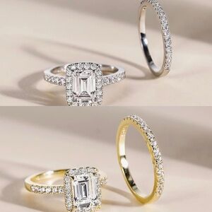 NWT-2CT .925 Sterling Silver And Gold Vintage Emerald Halo Cut CZ Wedding Set